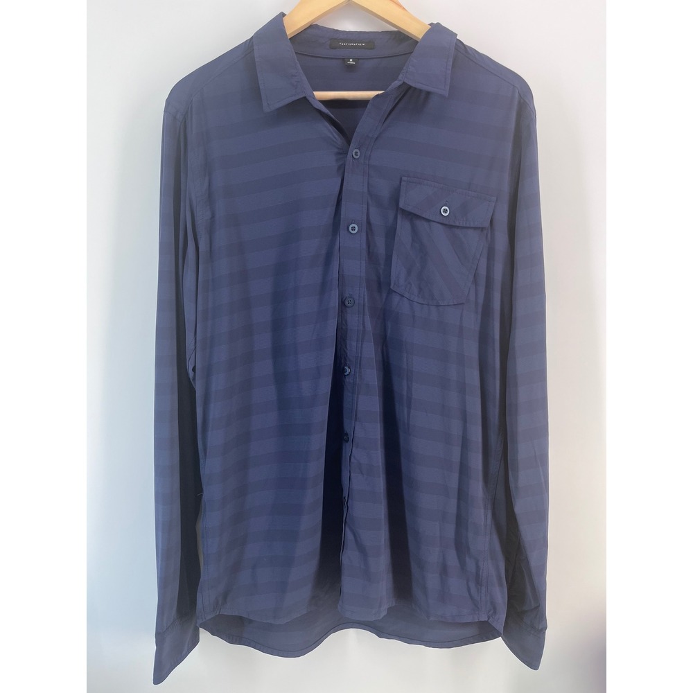Mens M Navy Blue Striped Long Sleeve Button Down Golf Shirt Casual Rustic